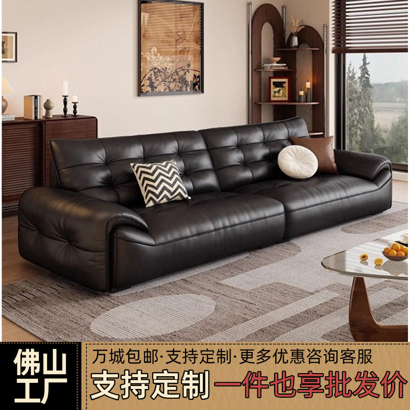 黑色中古风真皮沙发油蜡头层牛皮复古大小户型客厅大黑熊直排沙发