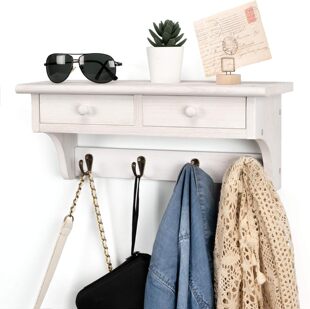 客厅玄关壁挂实木收纳衣架卧室墙面装饰置物架简约白色木质收纳架