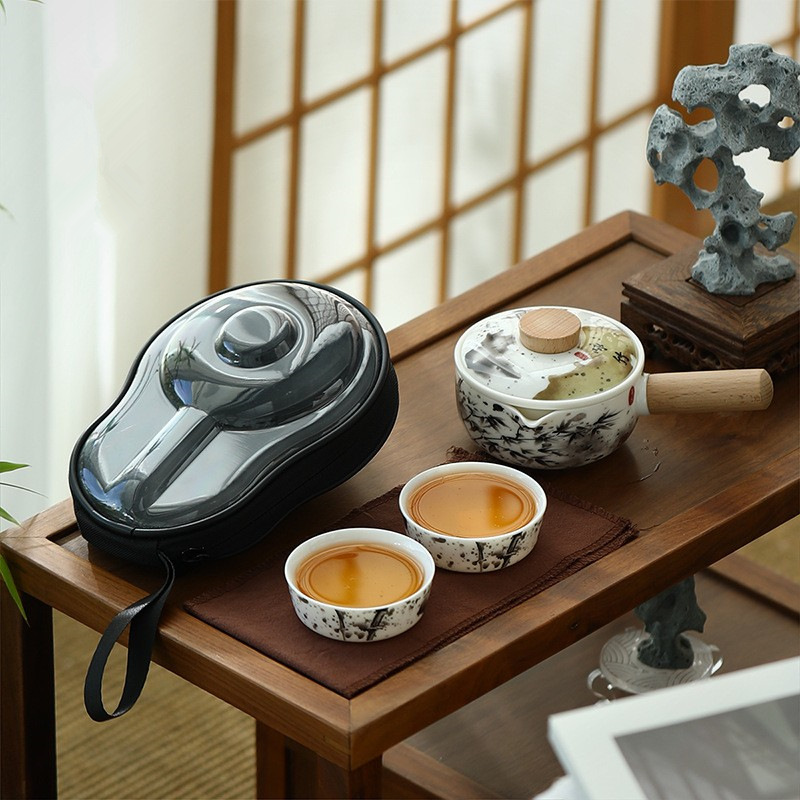 羊脂玉瓷墨竹侧把快客杯便携式户外旅行茶具套装中式一壶二杯