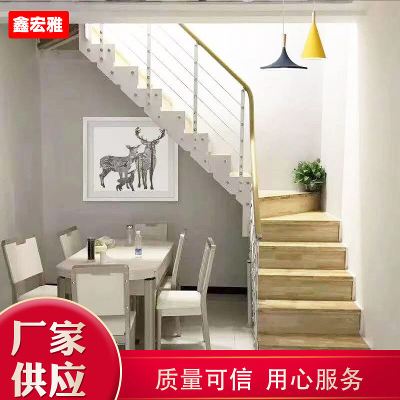 室内双梁伸缩式楼梯复式阁楼双梁钢木楼梯厂家供应家用双梁楼梯