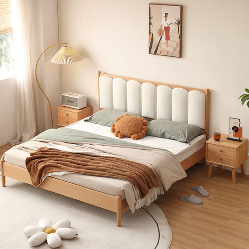 软包实木榉木床卧室双人床原木风1.5米小户型1.8米单板床工厂直销