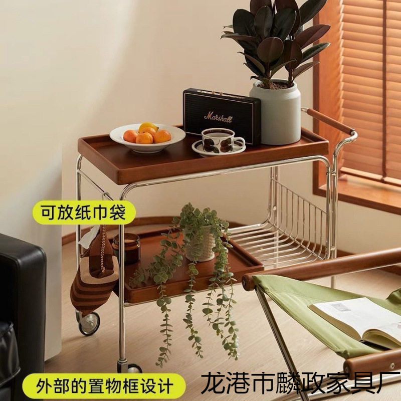 复古日式实木可移动茶水推车
