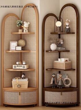 2026复古实木三角转角柜藤编客厅多层收纳柜书房收纳置物卧室拐墙