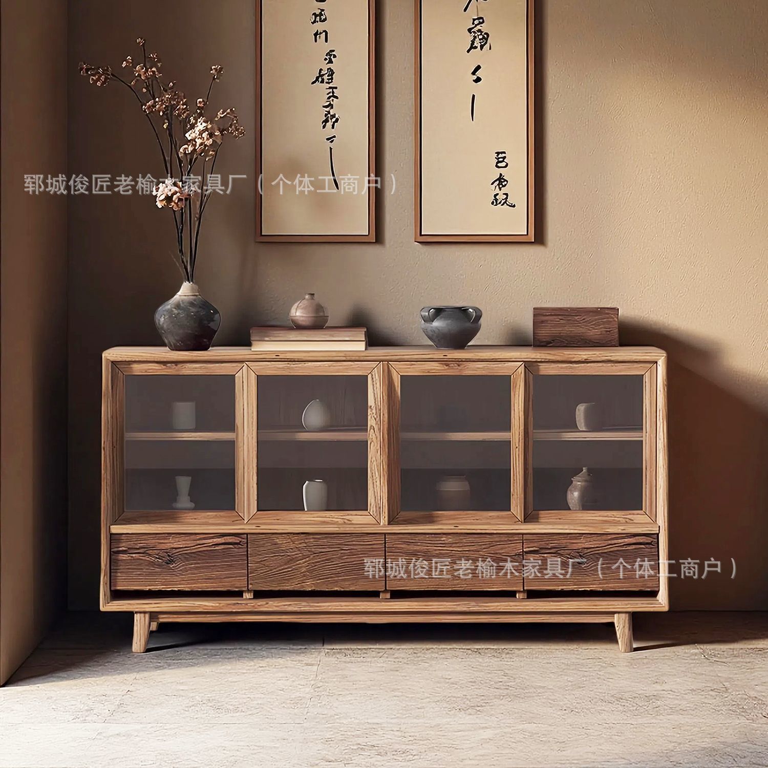榆木实木玻璃餐边柜茶具收纳