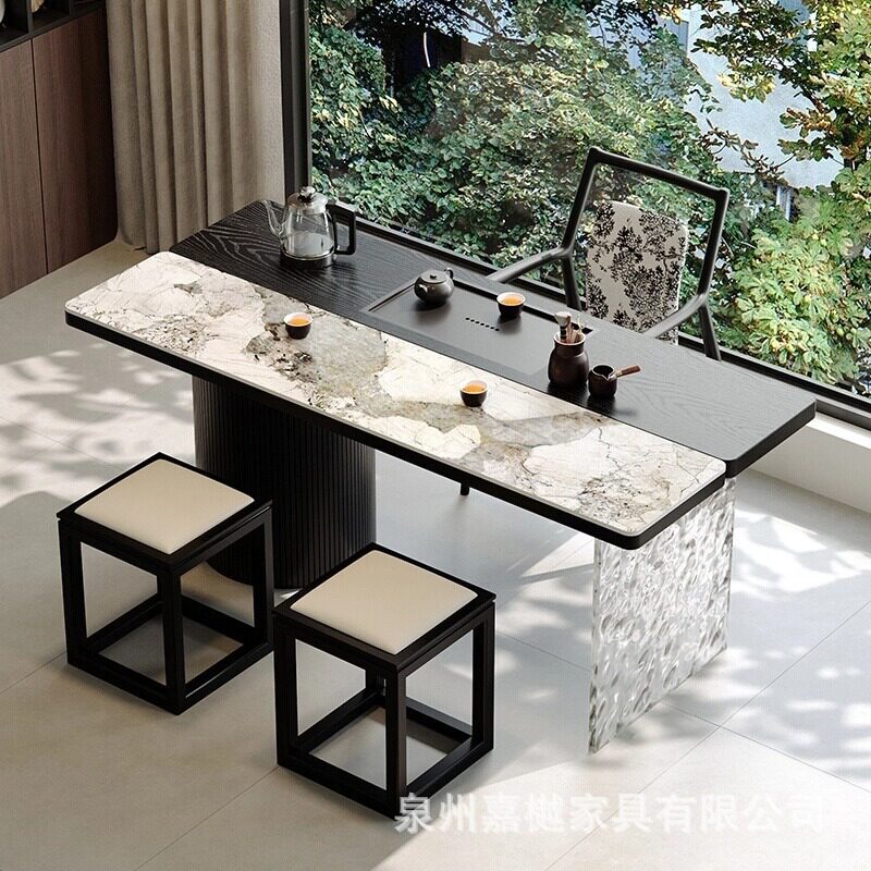 阳台岩板实木茶桌椅组合家用办公室茶台原木老板泡茶桌烧水壶一体