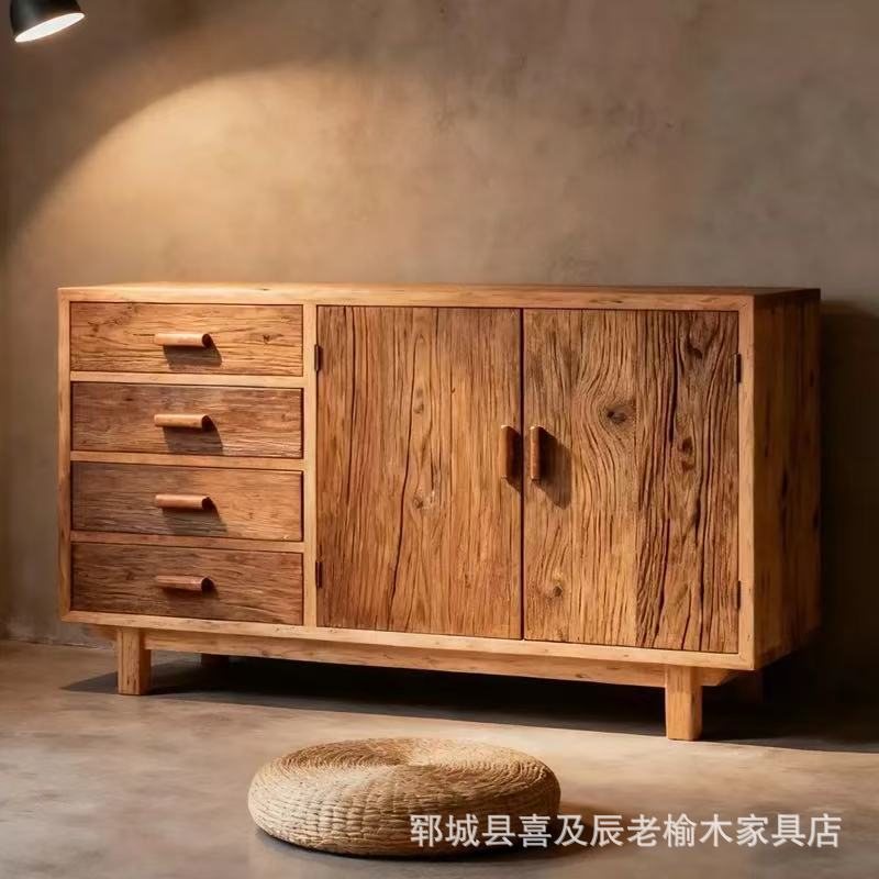 新中式实木餐边柜客厅玄关抽屉柜酒店民宿榆木家具储物双开门斗柜