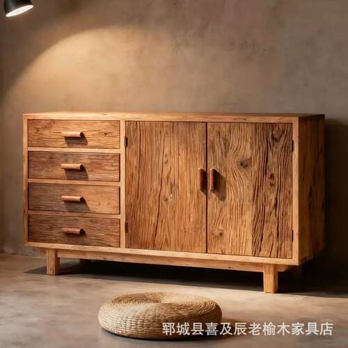 新中式实木餐边柜客厅玄关抽屉柜酒店民宿榆木家具储物双开门斗柜