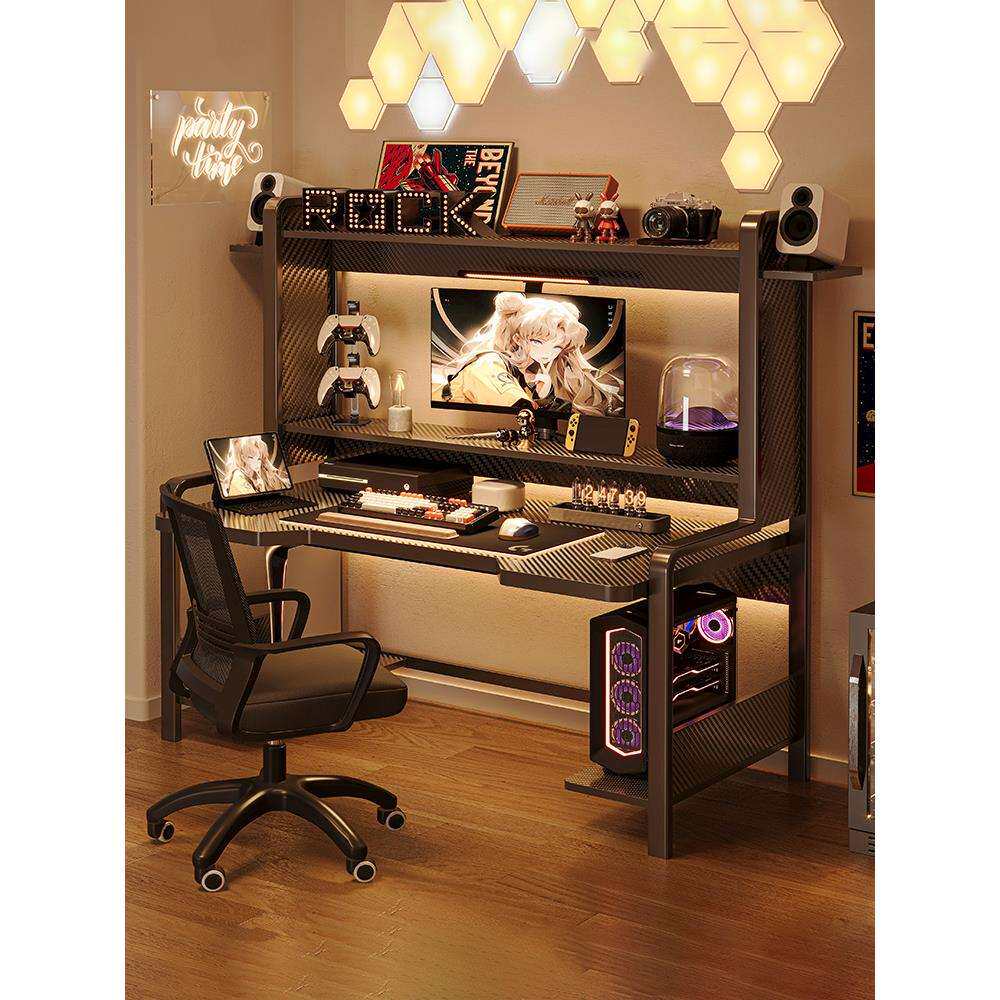 。台式机电脑桌带置物架卧室家用小型电脑桌书架一体电竞桌椅套装