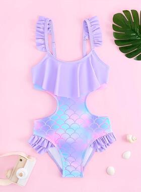 Girls' One Piece Swimsuit Fish Scale Style Ruffled Strap