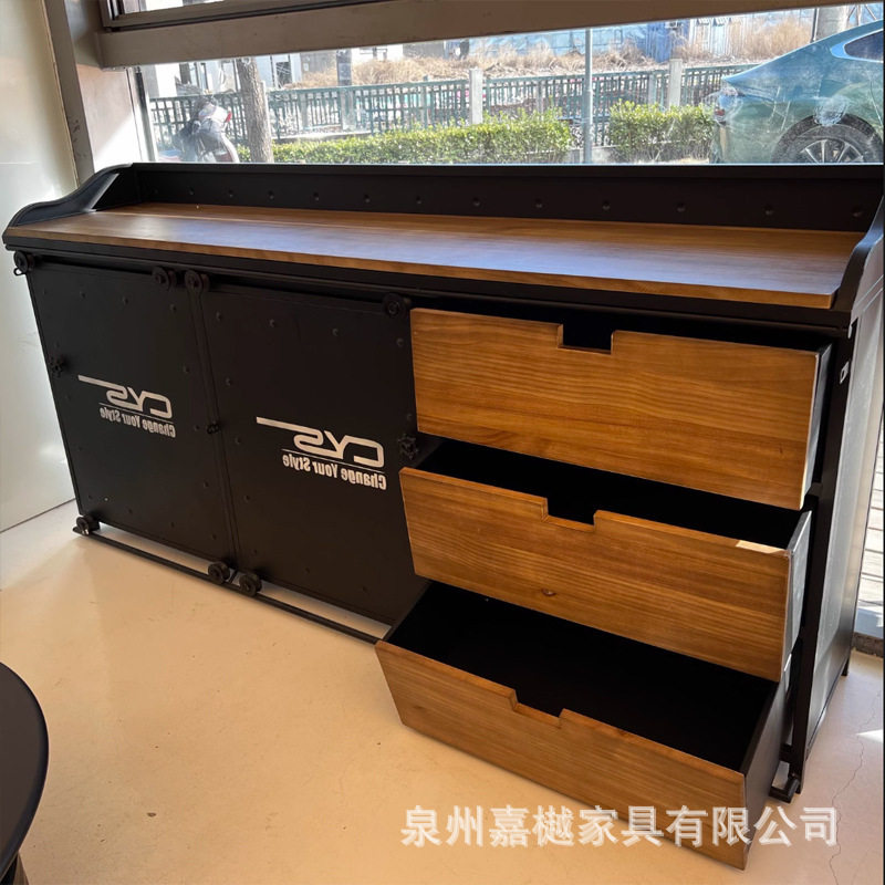 loft入户美式木板餐边柜复古储物柜铁艺工业风备餐台咖啡茶水柜台
