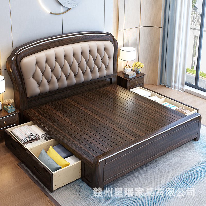 实木床主卧紫金檀木新中式轻奢双人床现代简约1.8m真皮软包储物床