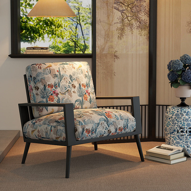 绣春沙发椅新中式单人沙发椅客厅复古实木单人休闲椅民宿靠背座椅