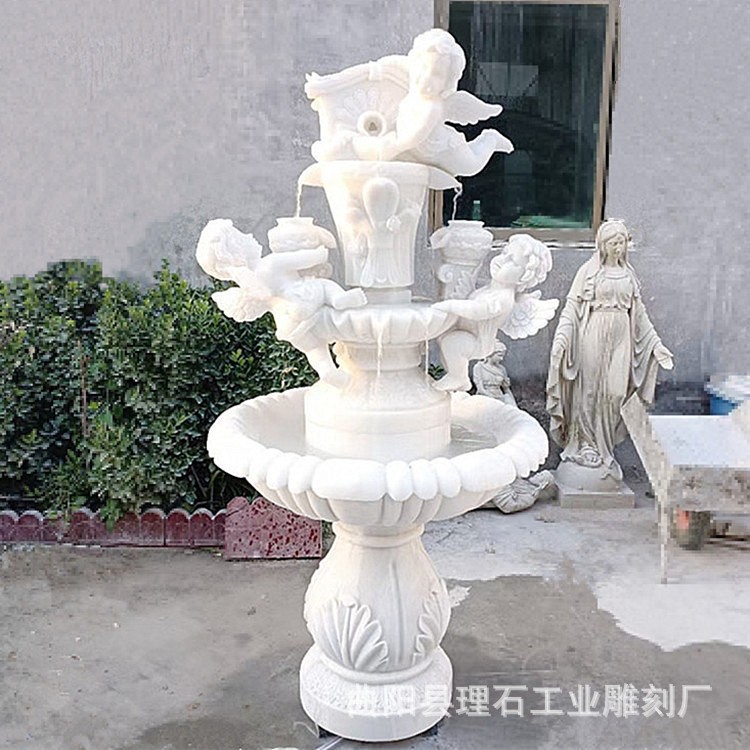 欧式汉白玉天使石雕喷泉摆件