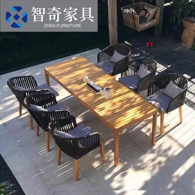 户外柚木桌椅庭院别墅花园实木做旧餐桌阳台休闲室外藤编沙发组合
