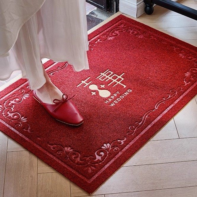新中式结婚喜字地垫入户门垫喜庆婚房卧室门口脚垫进门防滑红地毯