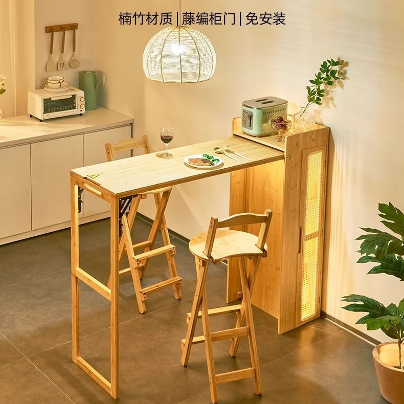 简约家庭折叠吧台桌藤编餐边柜一体家用隔断多功能餐桌可伸缩岛台