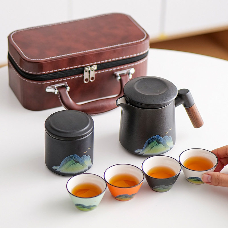 陶瓷旅行茶具套装户外 功夫泡茶壶露营外出便携式 旅游收纳便携包