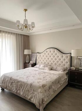 晚檀美式现代实木网红布艺高背拉扣1.8米气压储物双人婚床主卧室