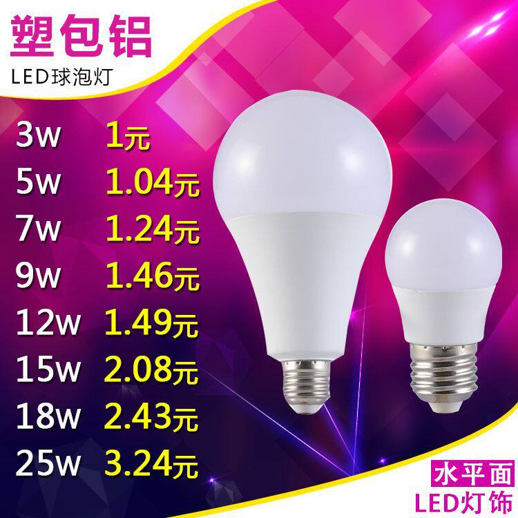 水平面灯饰厂家直销led灯泡e27螺口家用节能照明灯塑包铝球泡批发