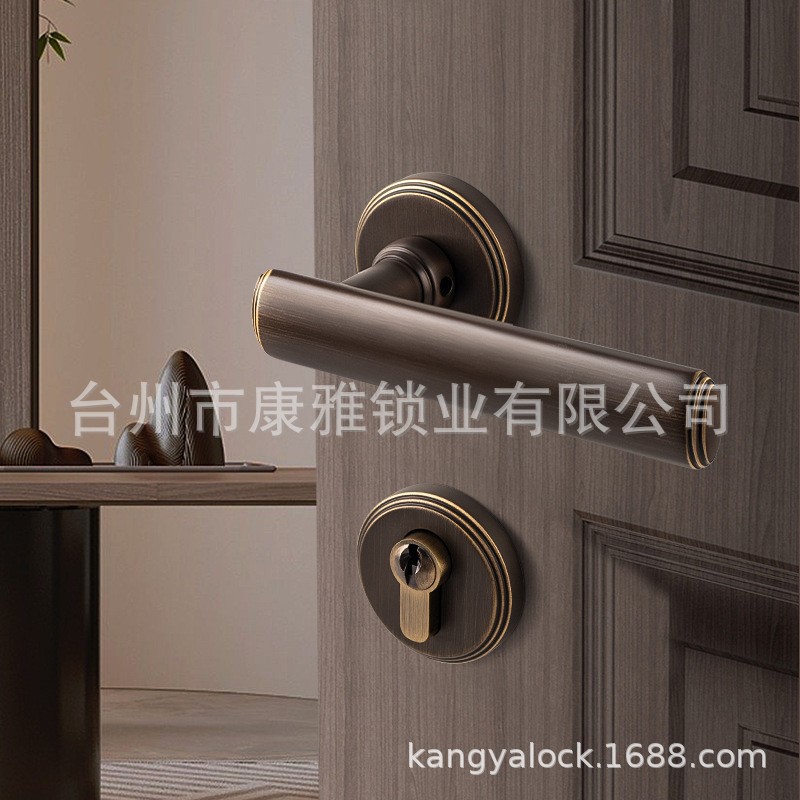 实心黄铜卧室门锁静音通用型室内房间木门分体式金色门把手铜门锁