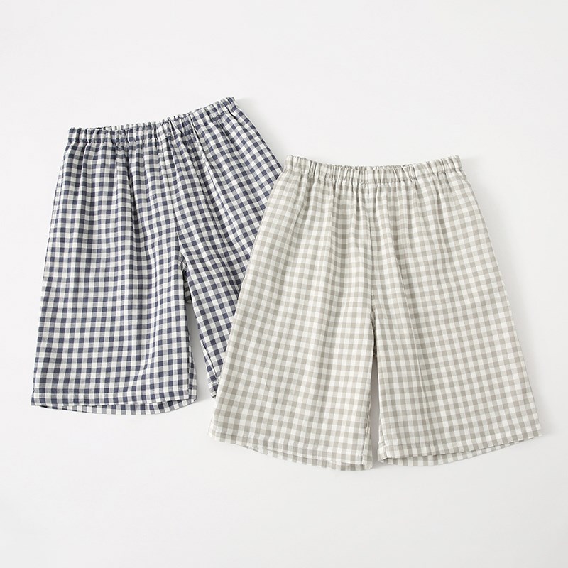 夏季薄款全棉双层纱布日式纯棉男士睡裤家居裤短裤沙滩裤有口袋