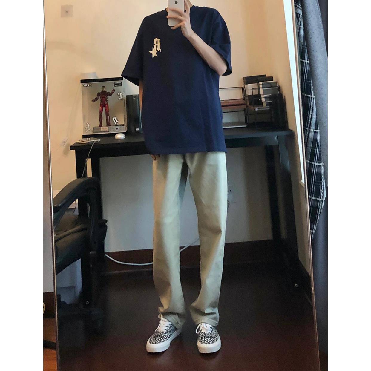 高弹力牛仔裤男qot黄泥染做旧百搭宽松修身阔腿美式显街vibe裤子