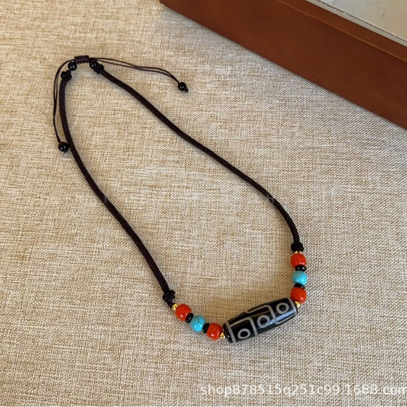 九眼天珠黑色编织绳项链女民族风藏式吊坠锁骨链国潮情侣配饰品