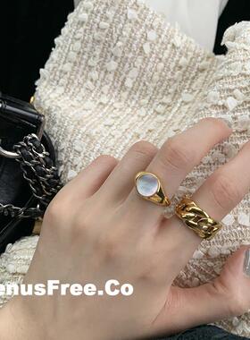 强推质感!不掉色高电镀18K金加厚粗链条平切变光白母贝戒指环男女