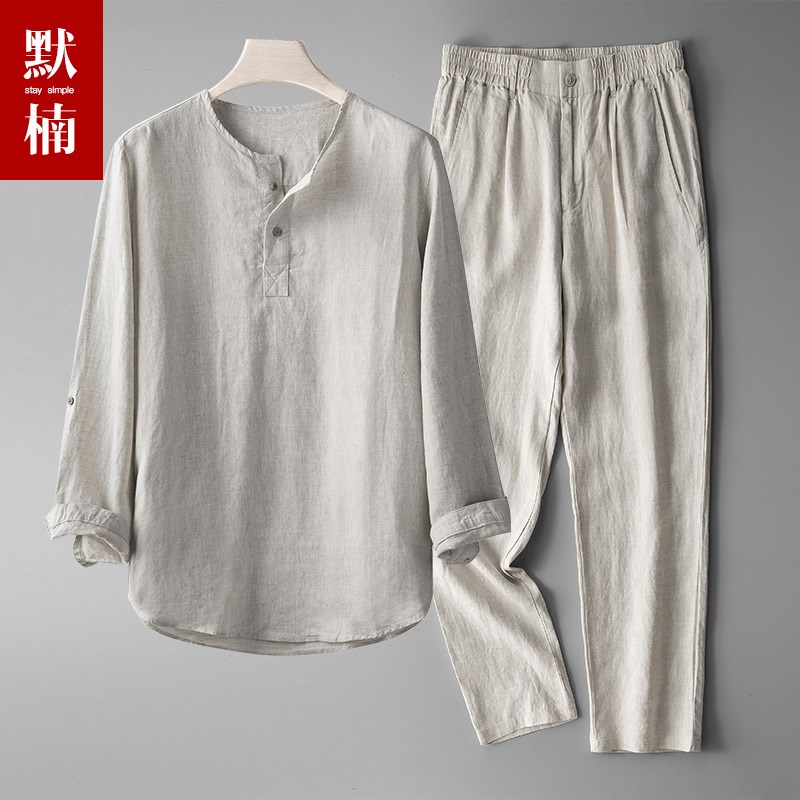 100%亚麻夏天中年爸爸套装男九分袖衬衫长裤夏装中老年爷爷衣服
