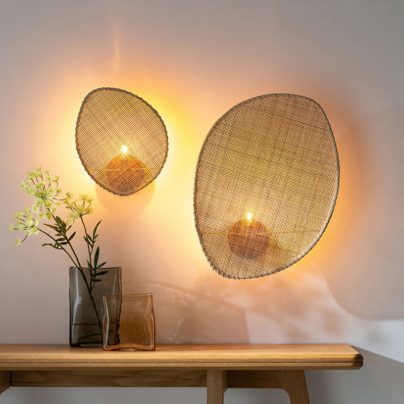 侘寂风壁灯卧室床头灯一对日式客厅茶室复古楼梯过道玄关藤编墙灯,家装灯饰光源,壁灯,淘宝优惠券,粉丝福利购,淘宝优惠卷
