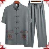 套装 冰丝唐装 立领绣花中国风盘扣爸爸装 衬衣短袖 男中老年夏季 薄款