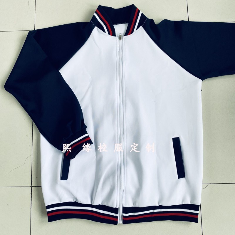 定制四季校服上衣藏蓝色拼接白色初高中小学生运动班服拉链衫
