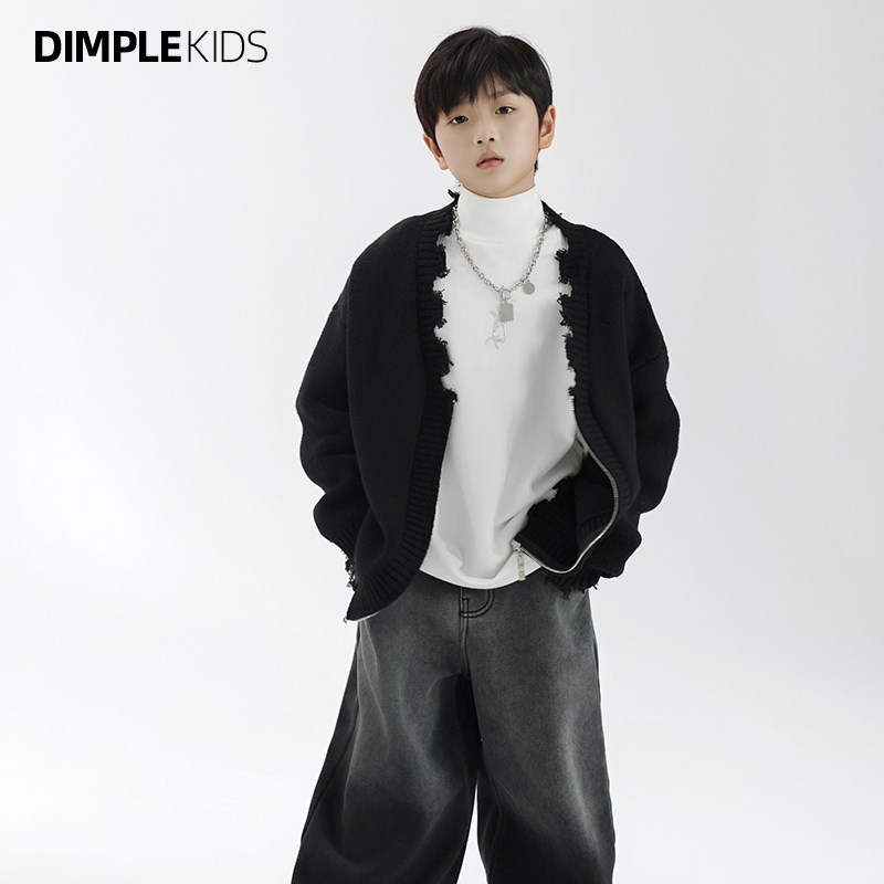 高甜梨涡童装男童黑色毛衣开衫儿童秋冬慵懒宽松破碎感针织衫外套