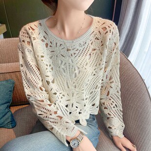 宽松慵懒风100%纯羊绒衫女士圆领刺绣钩花镂空毛衣短款羊毛衫上衣