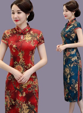 新式改良旗袍夏季新款女中长款中国风优雅日常中年妈妈复古连衣裙