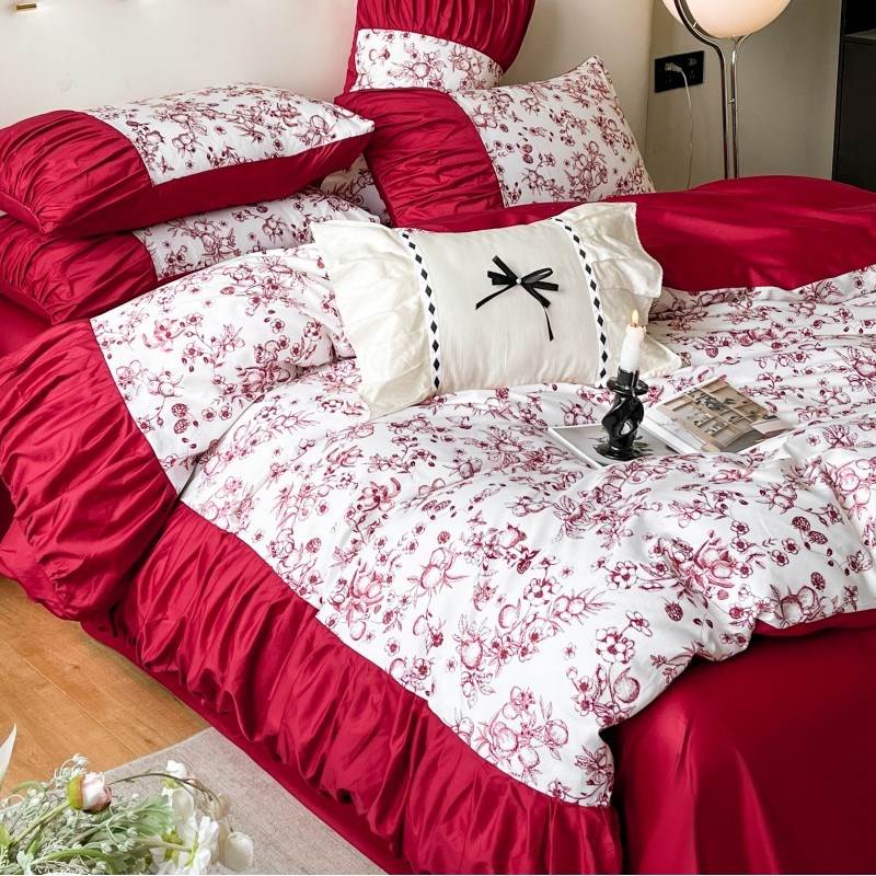 高档中式新婚结婚四件套大红色床单被套纯棉婚庆床上用品婚房喜被