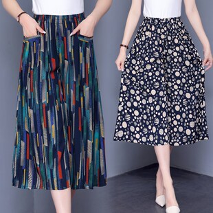 七分裤 妈妈花色洋气高腰大码 裙薄 夏女b半身中老年棉绸阔腿裤 裙裤