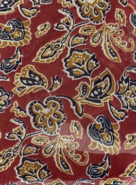 D680夏季红底金线印花雪纺布头柔软透气垂坠连衣裙上衣吊带裙面料