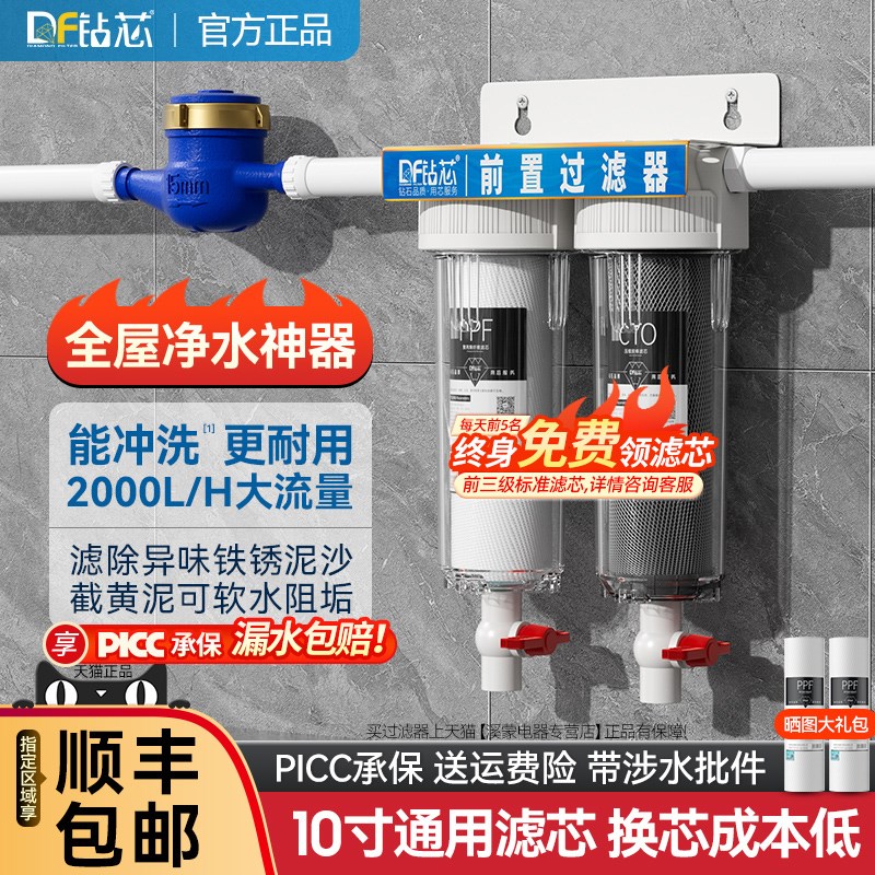 钻芯前置过滤器排污口厨房自来水净水自带排污口滤瓶pp活性炭净水