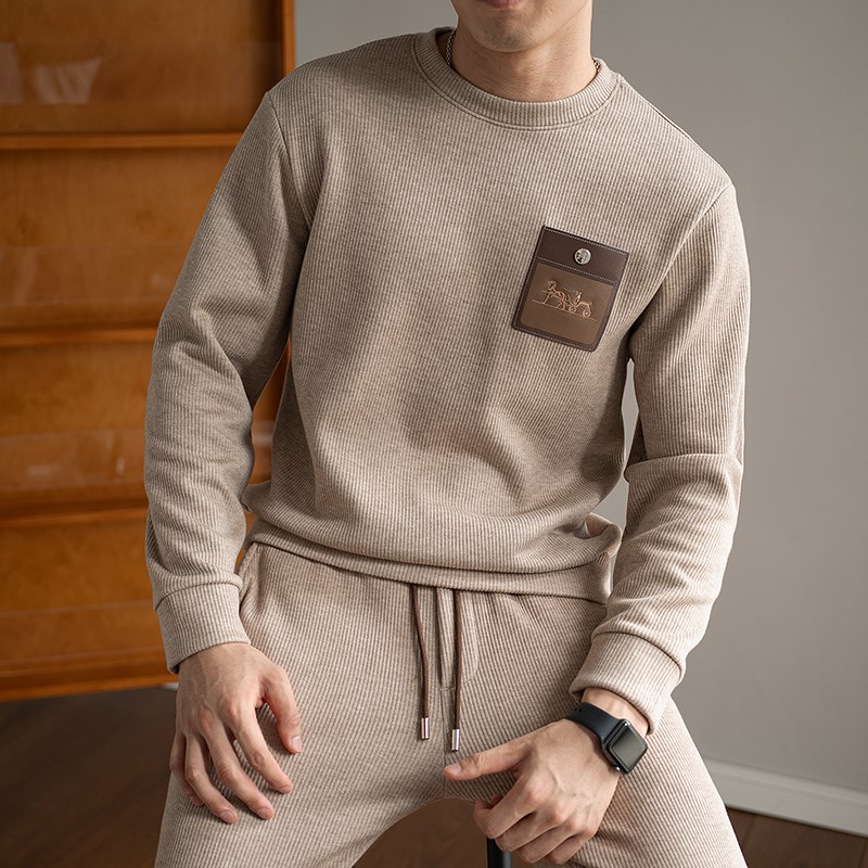 轻奢高端时尚竖条绒保暖卫衣两件套男士加厚双层针织运动休闲套装
