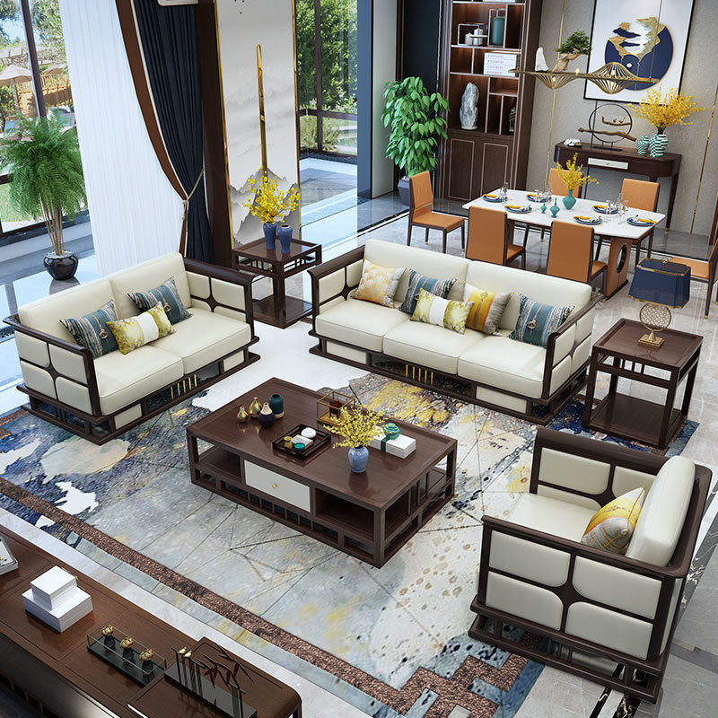 新中式 全实木沙发组合中式轻奢可拆洗布艺U型客厅沙发中国风沙发