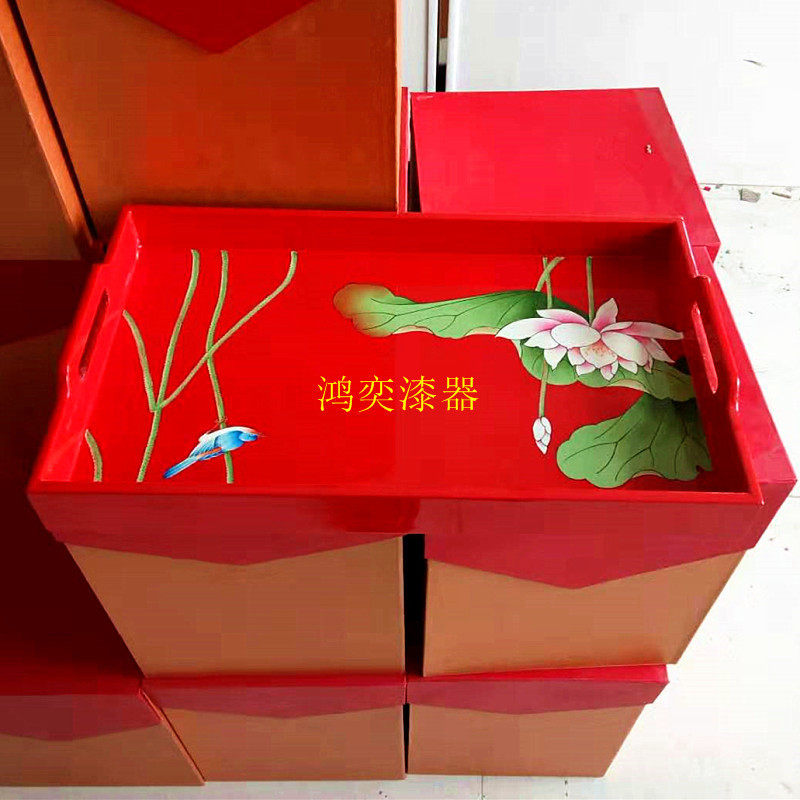 推光漆器大号茶盘托盘木质 家用带提手茶杯架茶托 长方形茶果餐盘