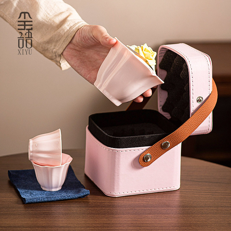 黄玫瑰手工捏花旅行茶具套装便携式包家用户外一壶两杯陶瓷快客杯