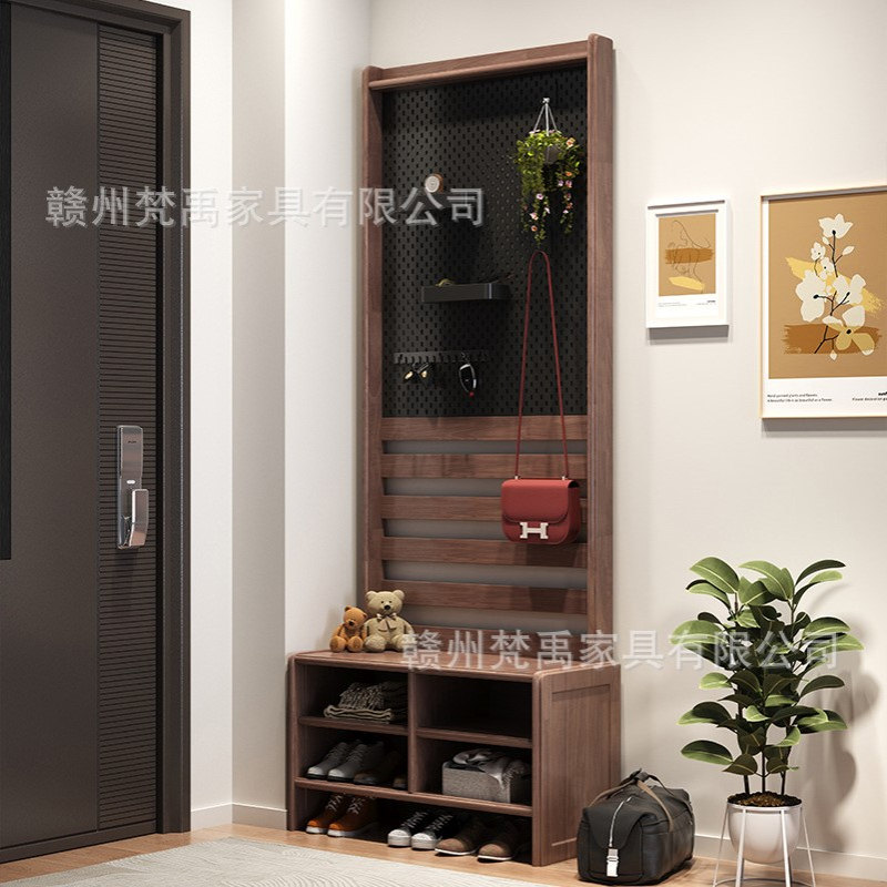 中古风实木鞋柜一体挂衣架衣帽架进门靠墙多功能洞洞板置物门厅柜