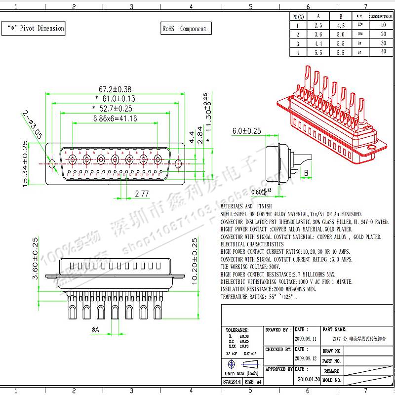 混合D-SUB大电流24W7公头 焊线式17+7针焊线插头矩型接插件连接器