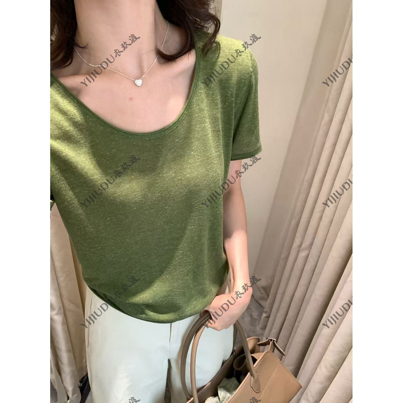 韩版简约圆领短袖针织衫女宽松显瘦绿色上衣基础款通勤