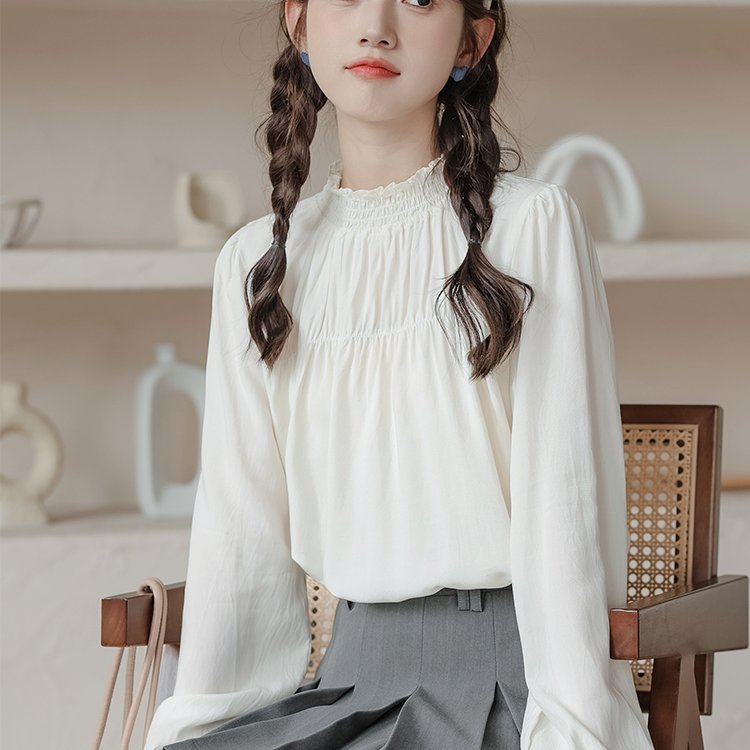 实拍/2025年秋季新款韩版甜美灯笼袖荷叶领雪纺长袖衬衣女