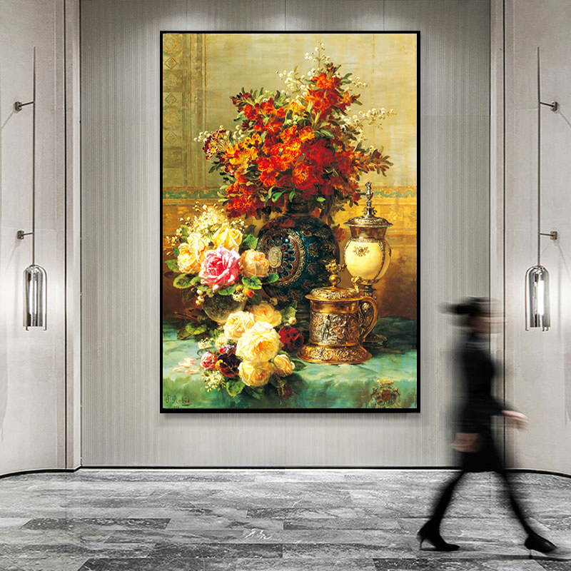 欧式油画盆栽植物装饰画玄关墙面挂画竖版免打孔走廊过道壁画图片