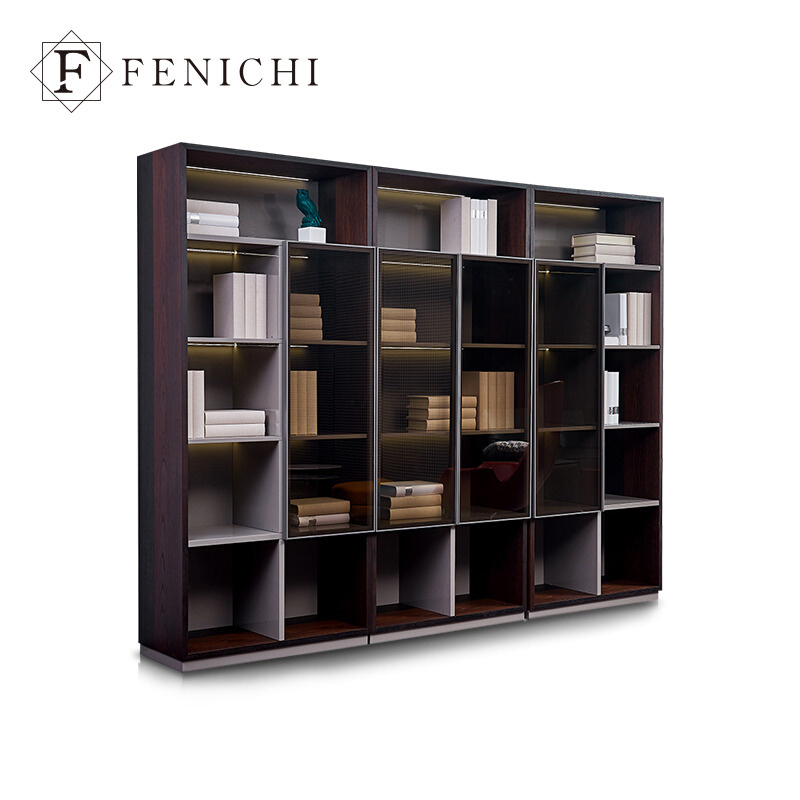 意式极简书柜带灯轻奢现代实木置物架玻璃门书房落地展示柜子定制