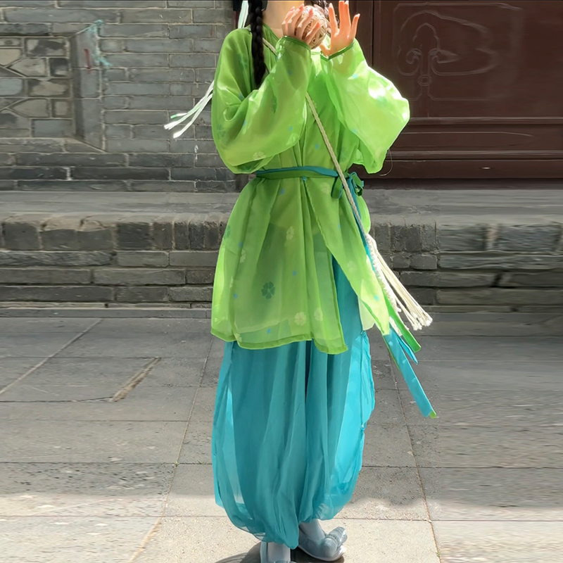 双月汉服【小幸运】唐制印花圆领衫松紧腰灯笼裤日常休闲国风套装
